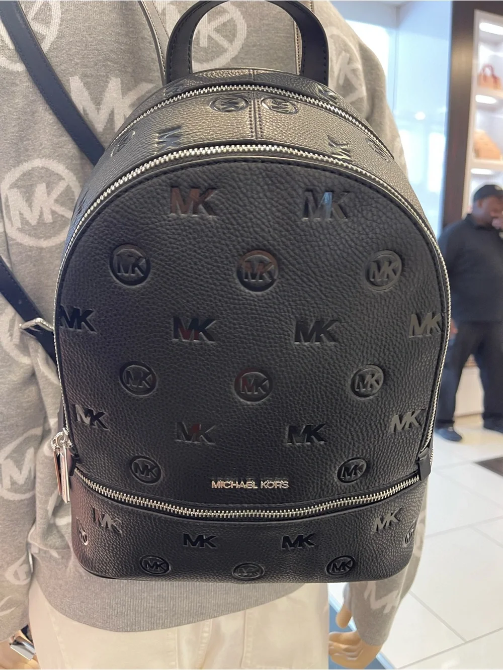 Michael Kors Rhea Medium Zip MK Logo Debossed Backpack Black NWT